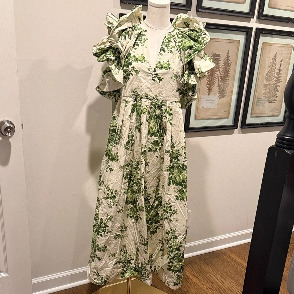 Tuckernuck Green and White Floral Ruffle Midi Dress - Picture 3 of 6
